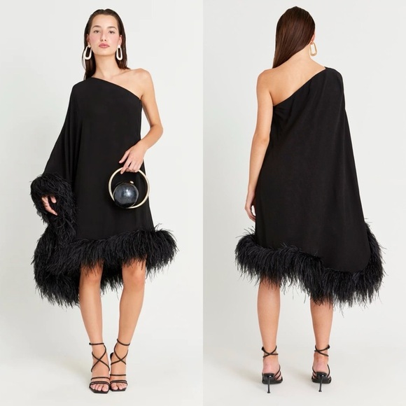 Cult Gaia Myrtle Feather Trimmed One Shoulder Dress Black NEW with tags - Picture 7 of 7